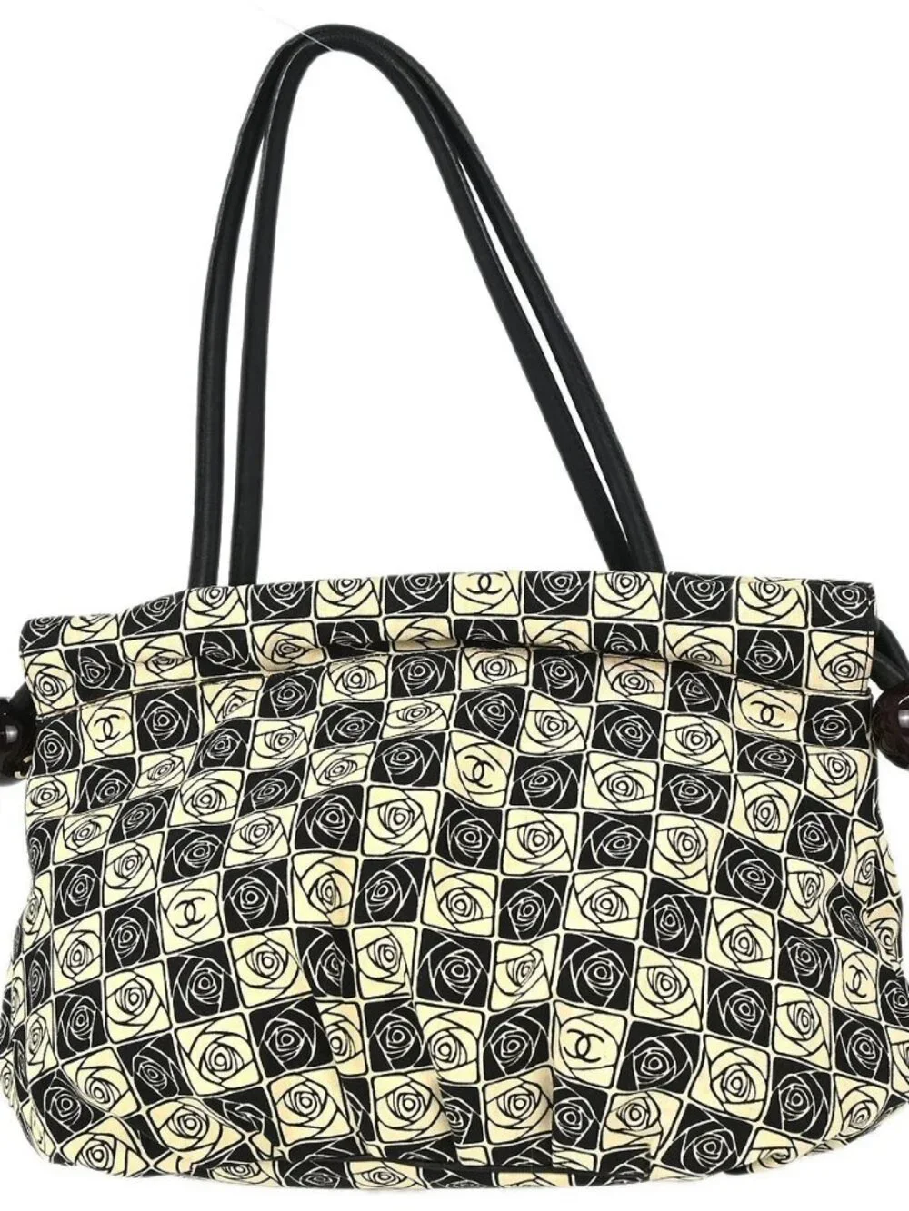 Chanel Black Beige Canvas Coco Ball Camellia Tote Handbag 197275